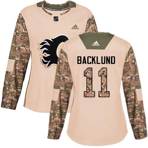 Adidas Flames #11 Mikael Backlund Camo Authentic Veterans Day Women's Stitched NHL Jersey - Click Image to Close